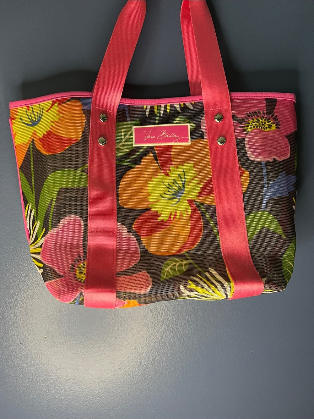 Vera Bradley Bright Pink-Trim w Dark Gray mesh Floral Tote "Jazzy Blooms"